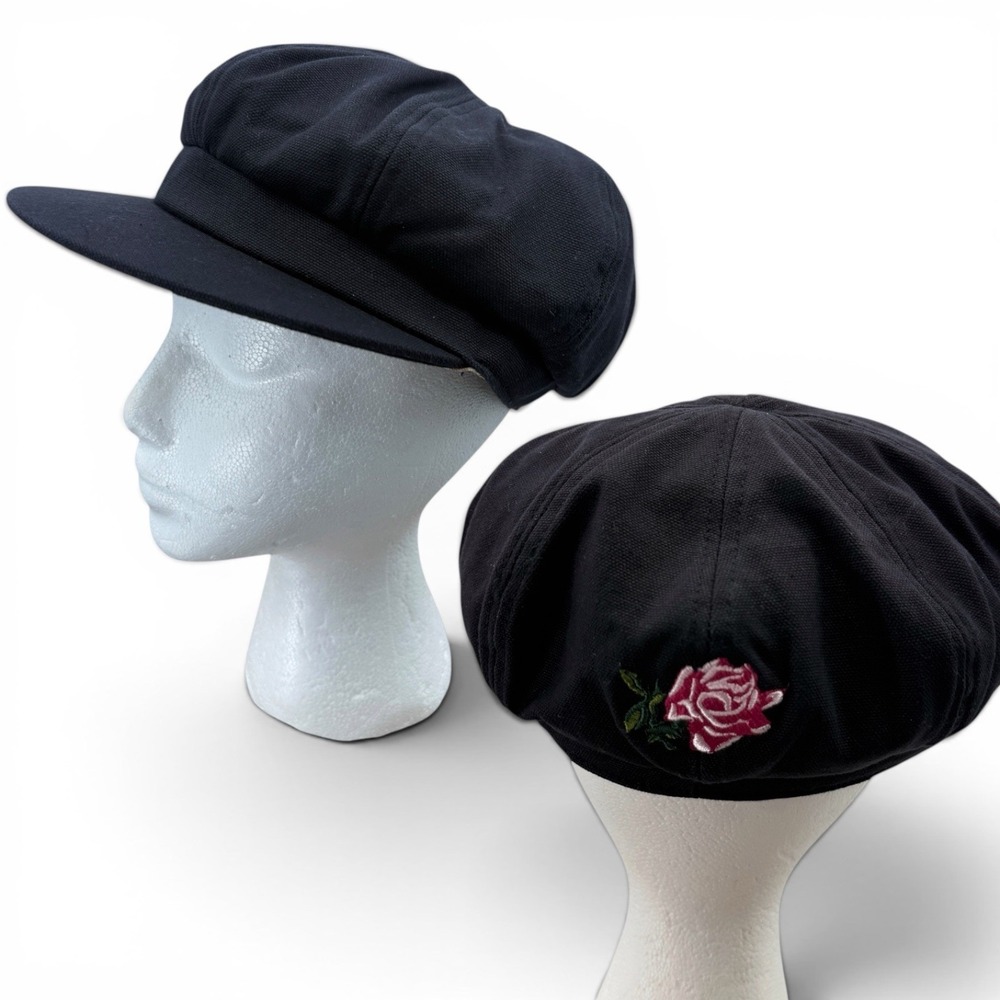 Nick‎ & Nora Newsboy Baker Boy Cap Black Hat Pink Rose Embroidered 100% Cotton